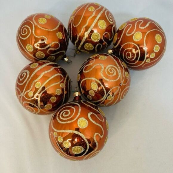 6 Gold Bronze Glitter Embellished Glass Ornaments 5" Excellent condition - no cr - Picture 1 of 2